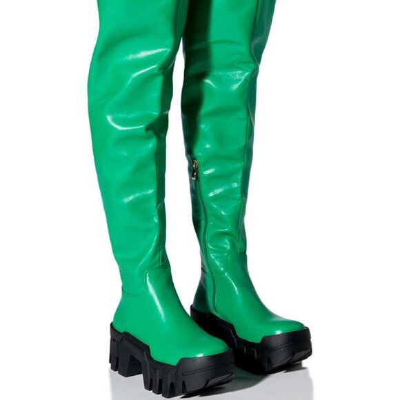 AZALEA WANG " IT'S UP FROM HERE "THIGH HIGH FLATFORM BOOT /GREEN (BRAND NEW !) - Picture 1 of 7
